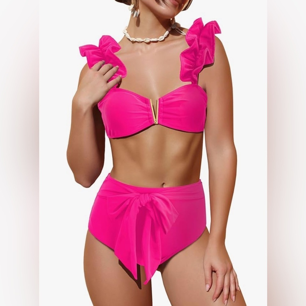 Sporlike High Waisted,V-cut gold trim ruffle top, tie knot/bow bottoms,padded